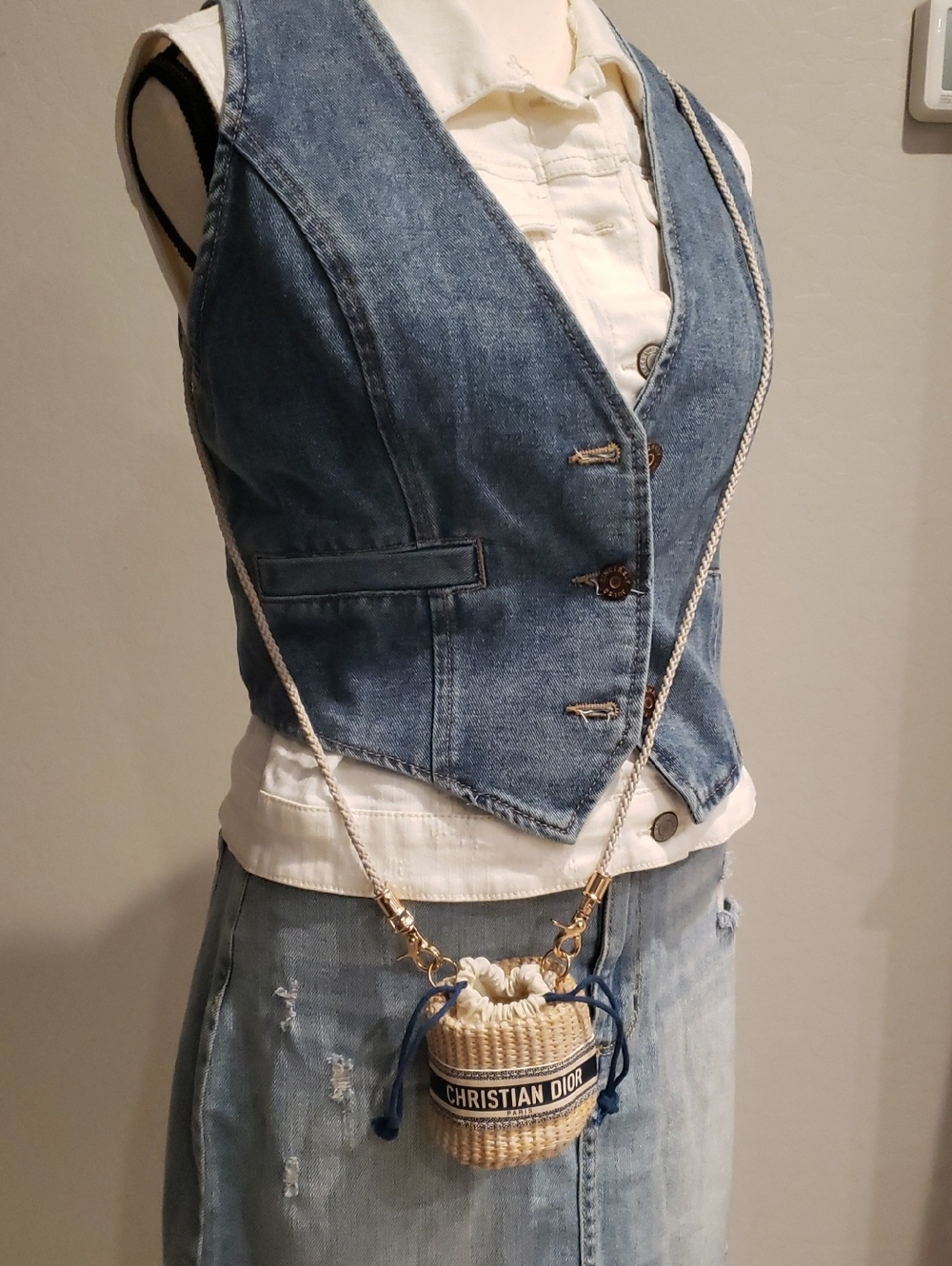 Christian Dior Cream Woven Mini Bucket Bag with Navy Trim - Picture 7 of 7
